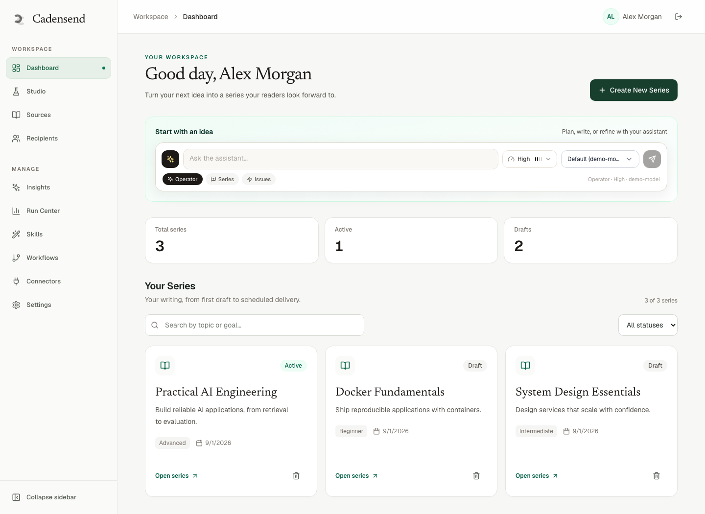 Cadensend dashboard with an AI assistant and three example learning series