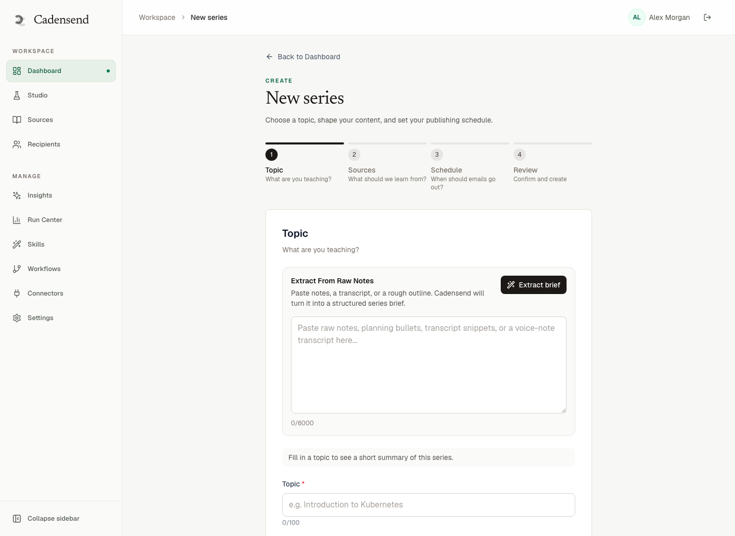 Cadensend series creation screen for defining a learning goal and configuring a new email series