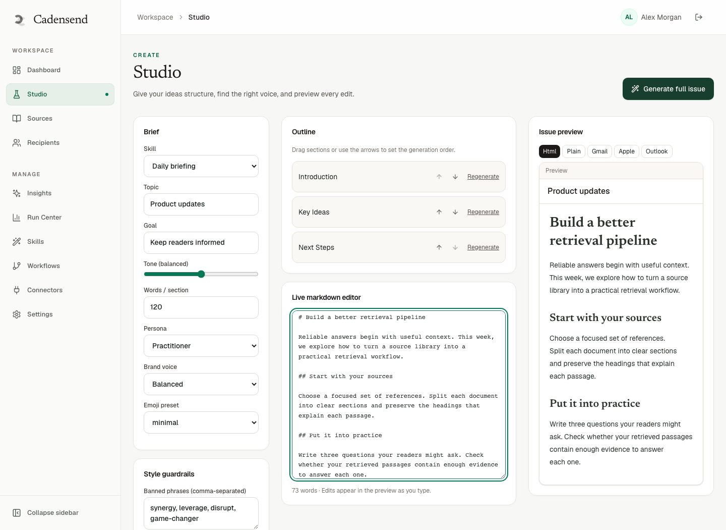 Cadensend Content Studio showing writing controls, an outline, and the editorial workspace